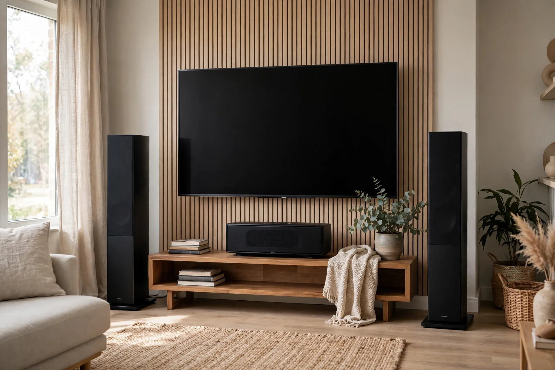 Front left, center, and right speakers placed around a TV