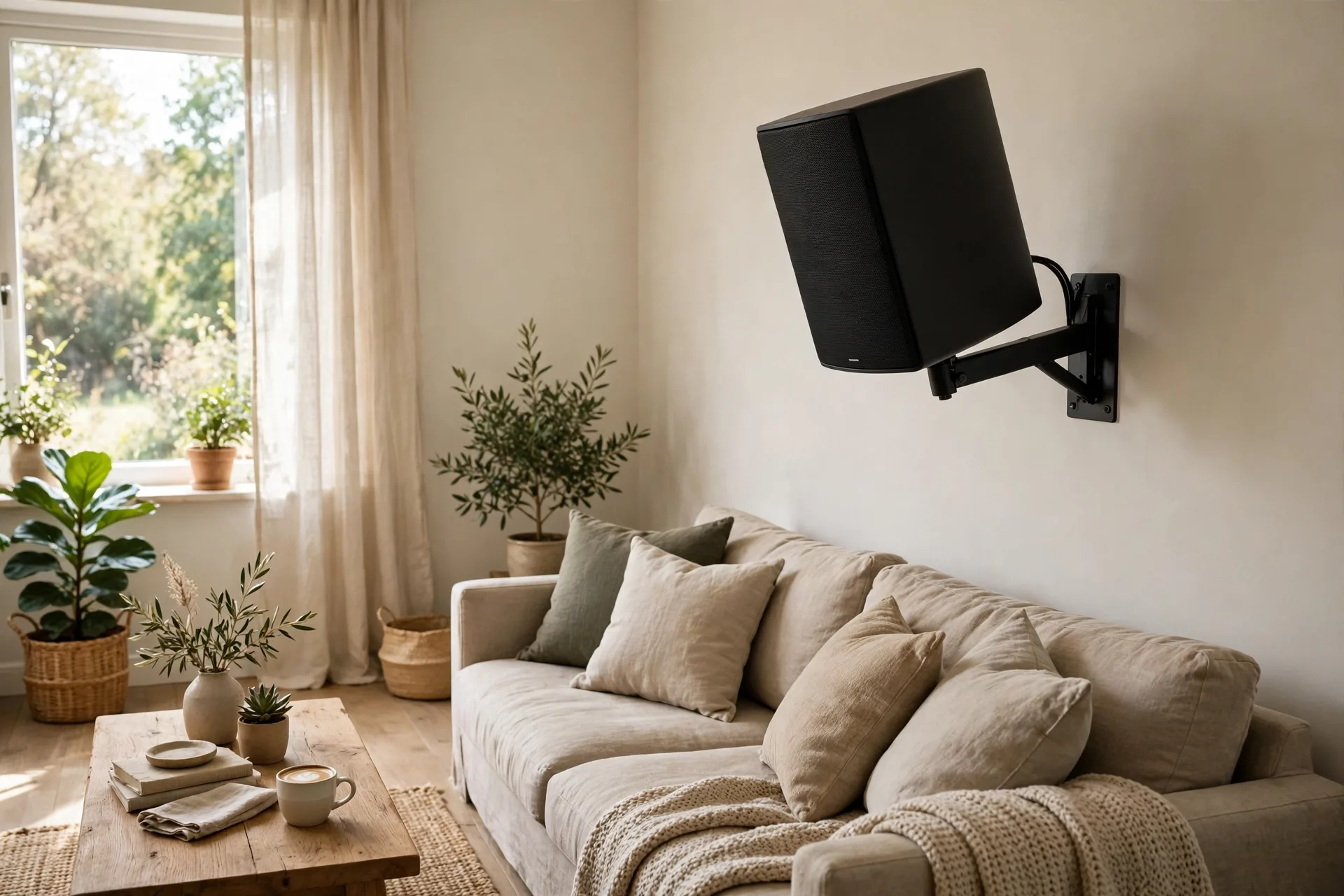 Surround speakers mounted beside a sofa at ear level height