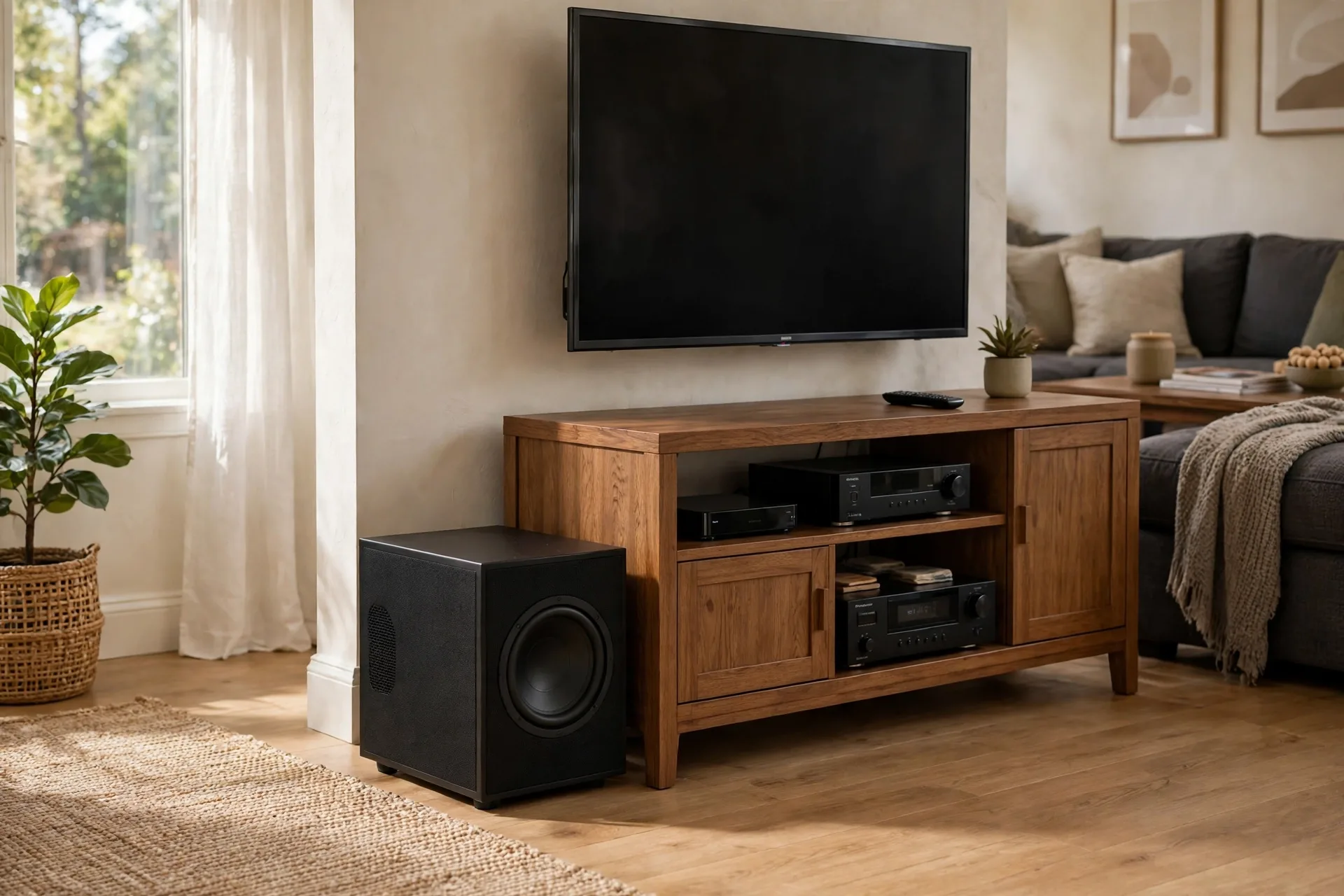 Subwoofer placed in the corner of a living room home theater