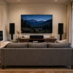 Living room 5.1 speaker placement with surround speakers around a sofa and TV