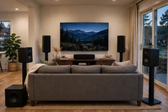 Living room 5.1 speaker placement with surround speakers around a sofa and TV