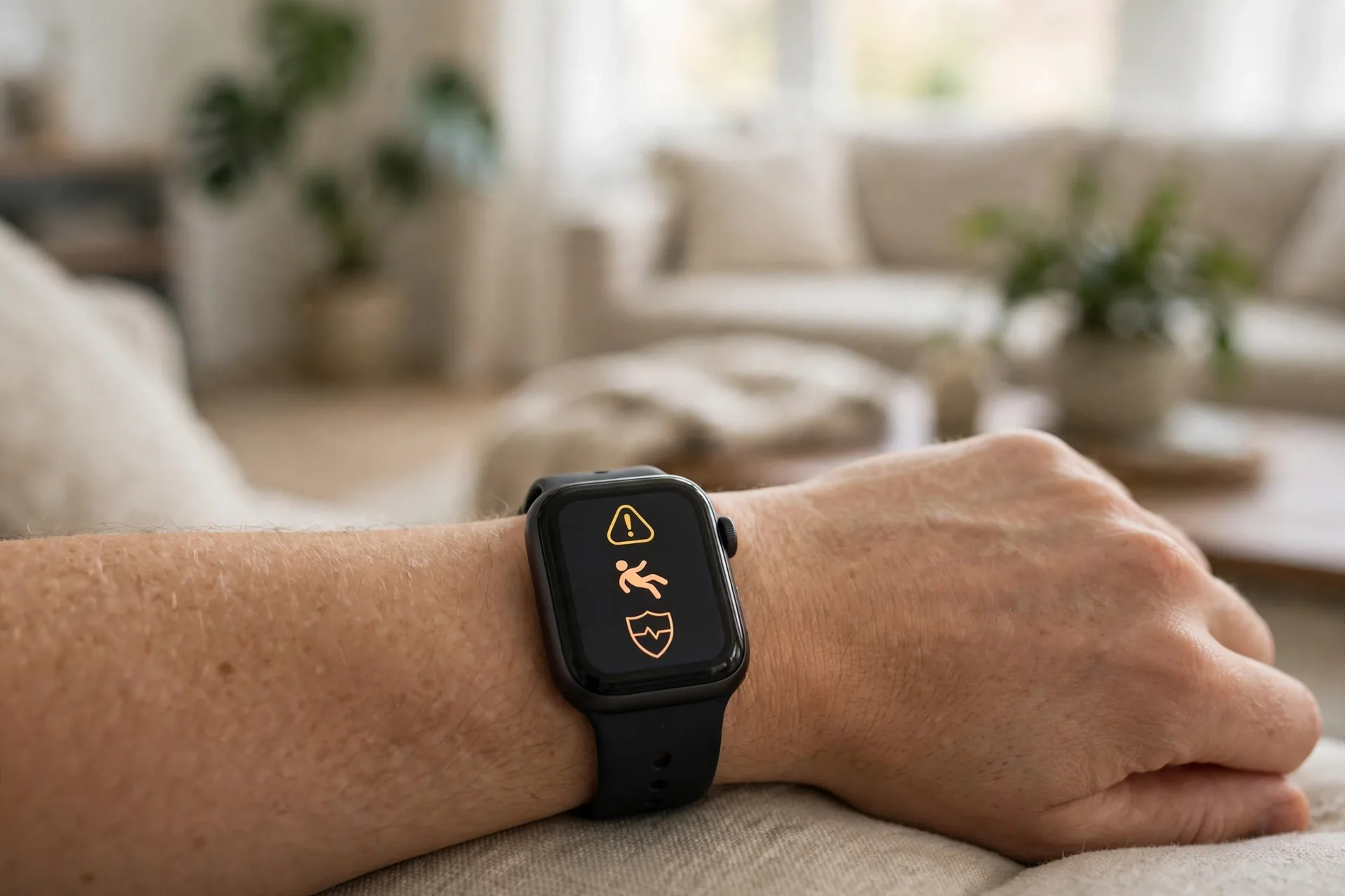 Smartwatch on a wrist showing a fall alert screen