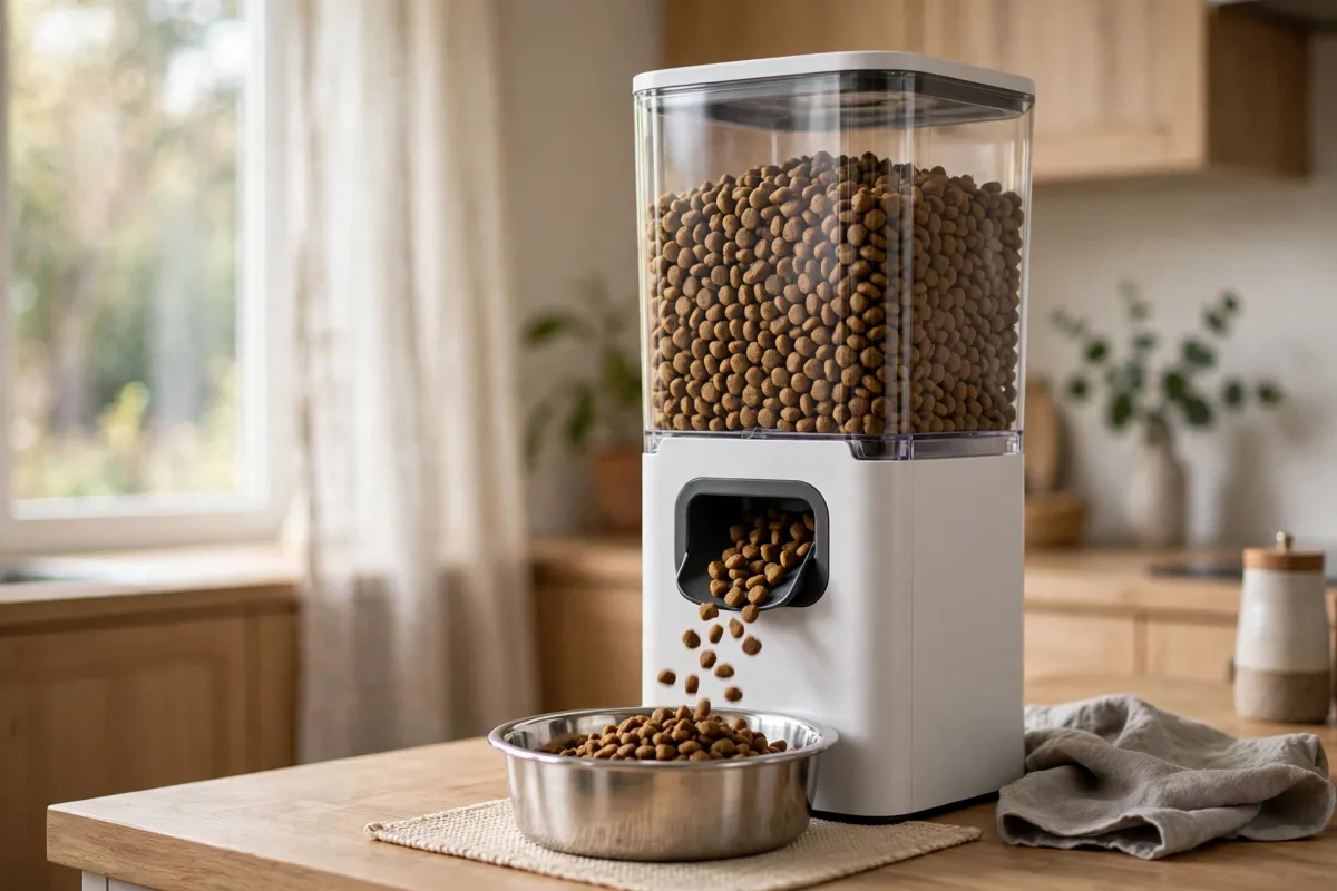 Automatic cat feeder with camera dispensing kibble into a bowl