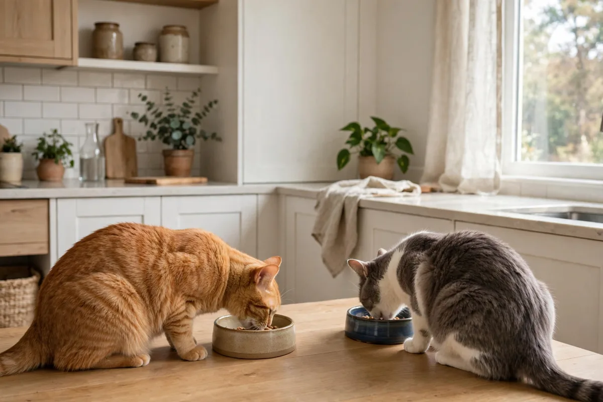 Two cats eating from separate bowls with an automatic cat feeder with camera