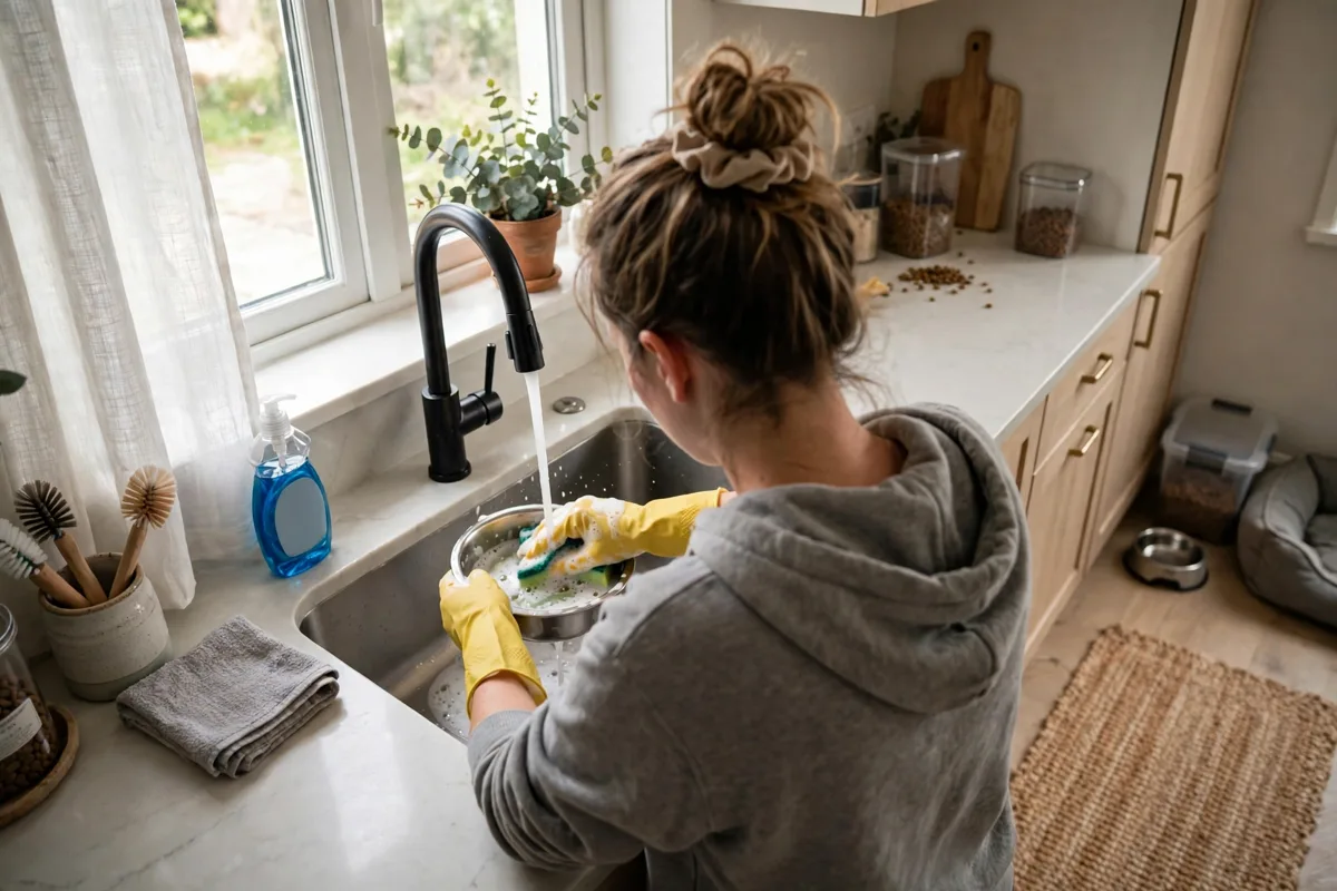 Cleaning the bowl of an automatic cat feeder with camera