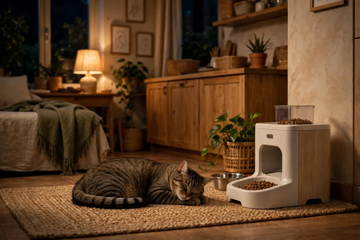 Cat resting near an automatic cat feeder with camera at night