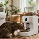 Automatic cat feeder with camera in a bright living room