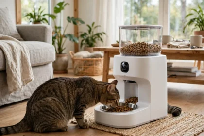 Automatic cat feeder with camera in a bright living room