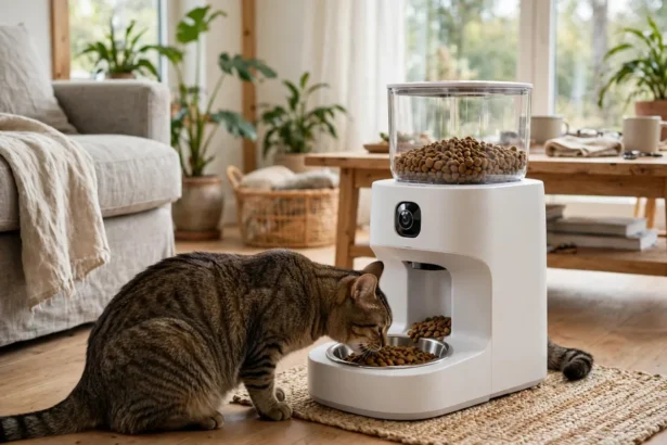 Automatic cat feeder with camera in a bright living room