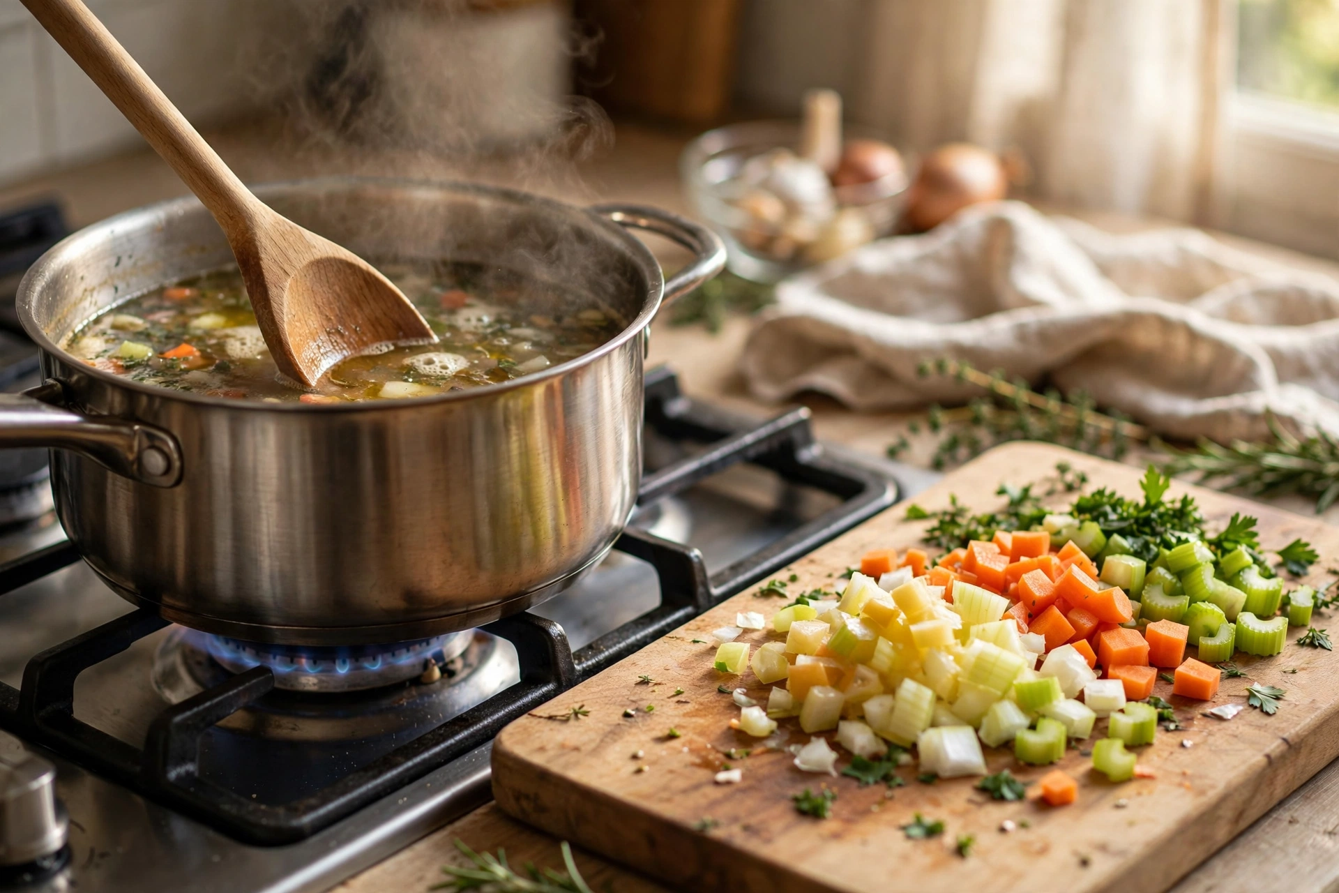 Wooden spoon stirring a simmering pot beside a wooden cutting board with chopped vegetables