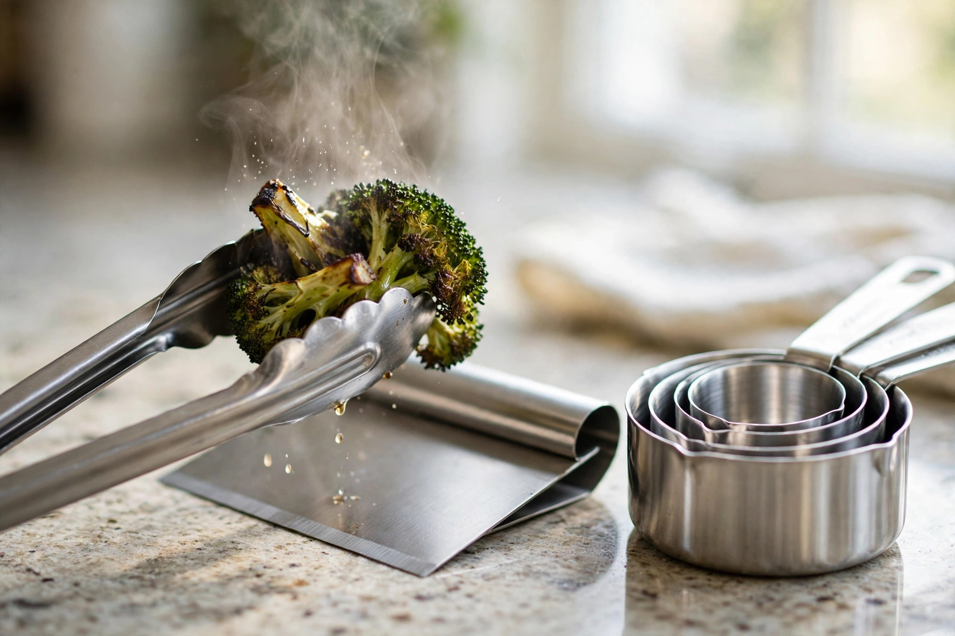 Stainless steel tongs holding hot food beside a bench scraper and steel measuring cups