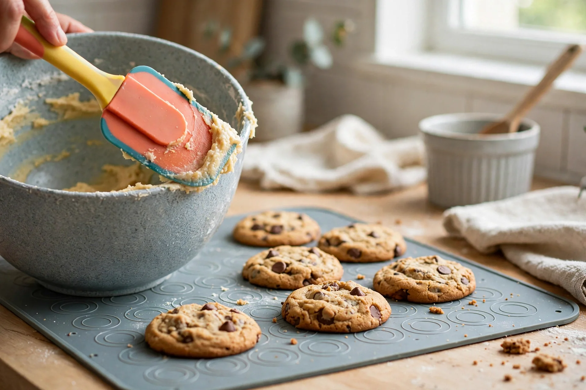 Silicone spatula scraping a mixing bowl beside a silicone baking mat with cookies