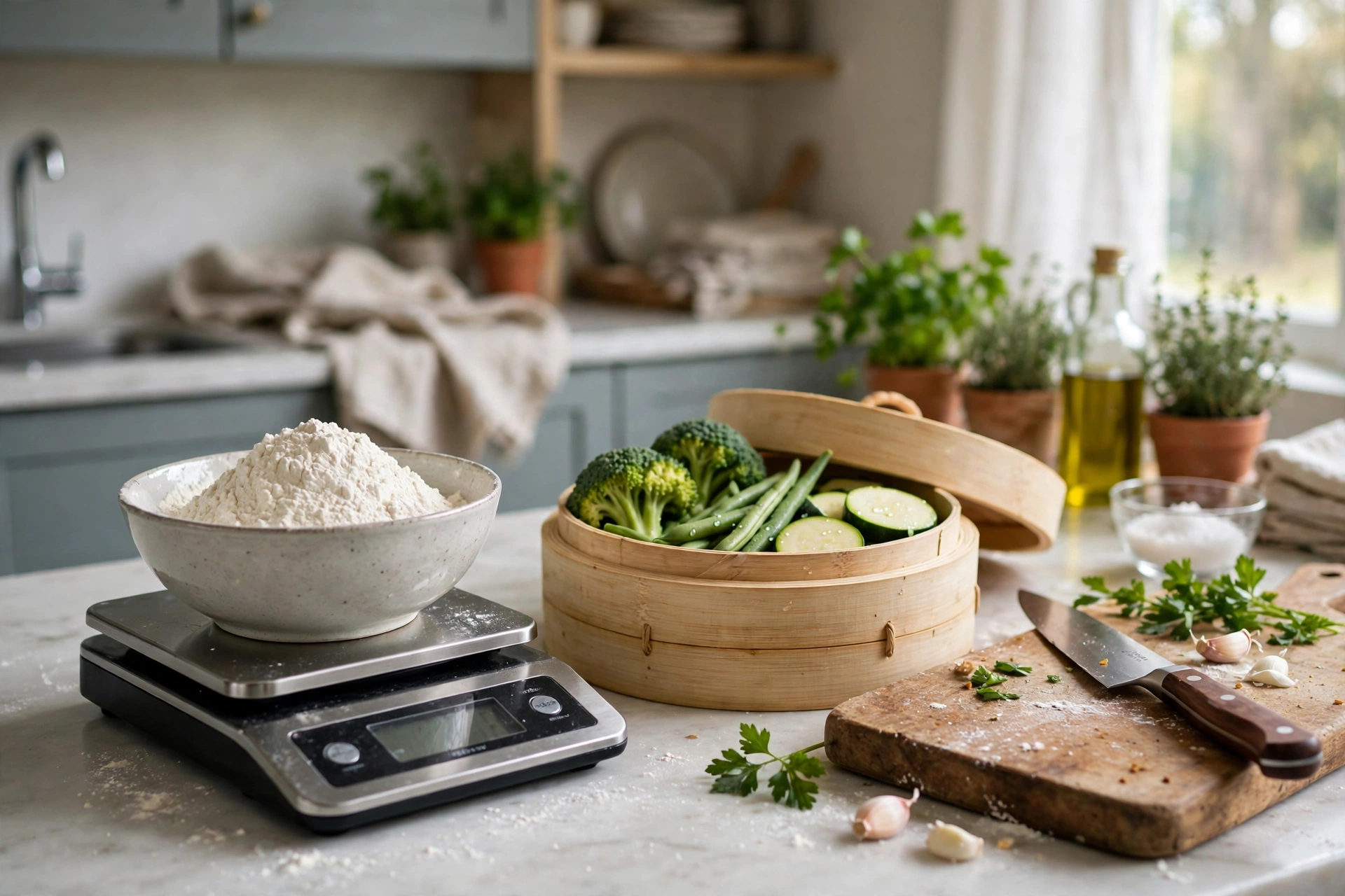 Kitchen scale weighing flour beside a steamer basket with fresh vegetables and a chef knife