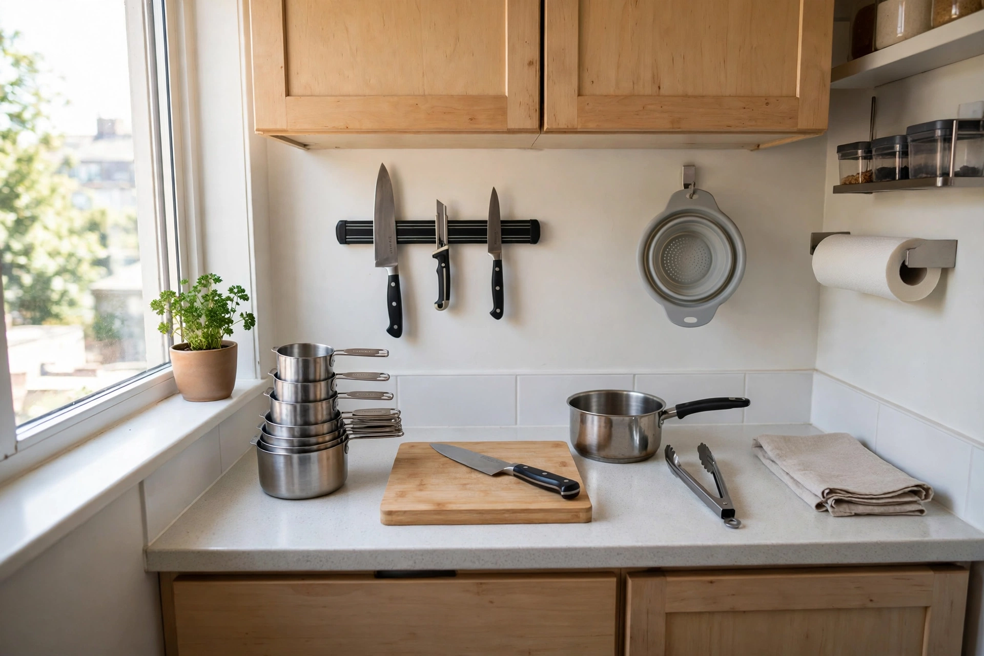 Magnetic knife strip on the wall with stacking measuring cups and a compact kitchen starter kit