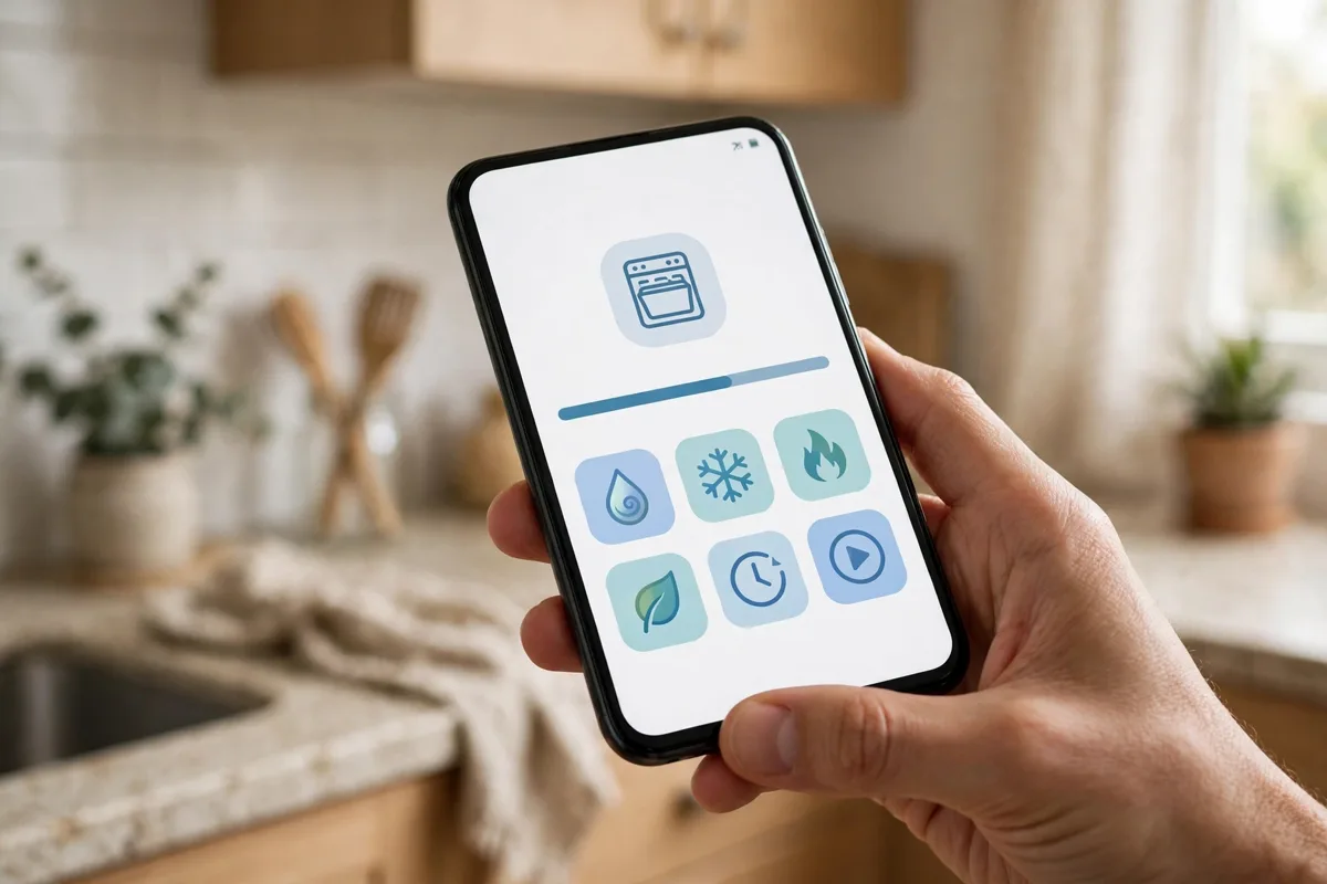 Phone showing the Bosch dishwasher app in a kitchen