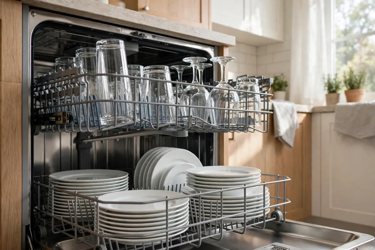 Clean glasses in a dishwasher rack in the Bosch dishwasher app guide