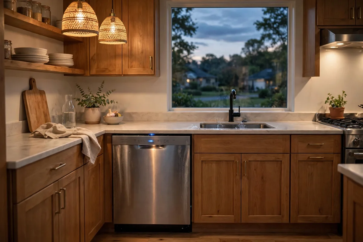 Evening kitchen with a dishwasher running in the Bosch dishwasher app guide