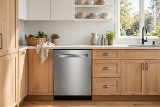 Bosch dishwasher app with a modern dishwasher in a bright home kitchen