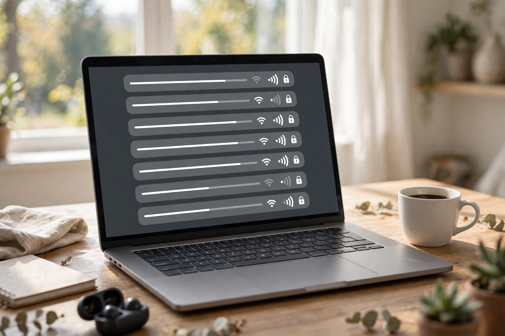 Laptop on a desk showing a list of available WiFi networks