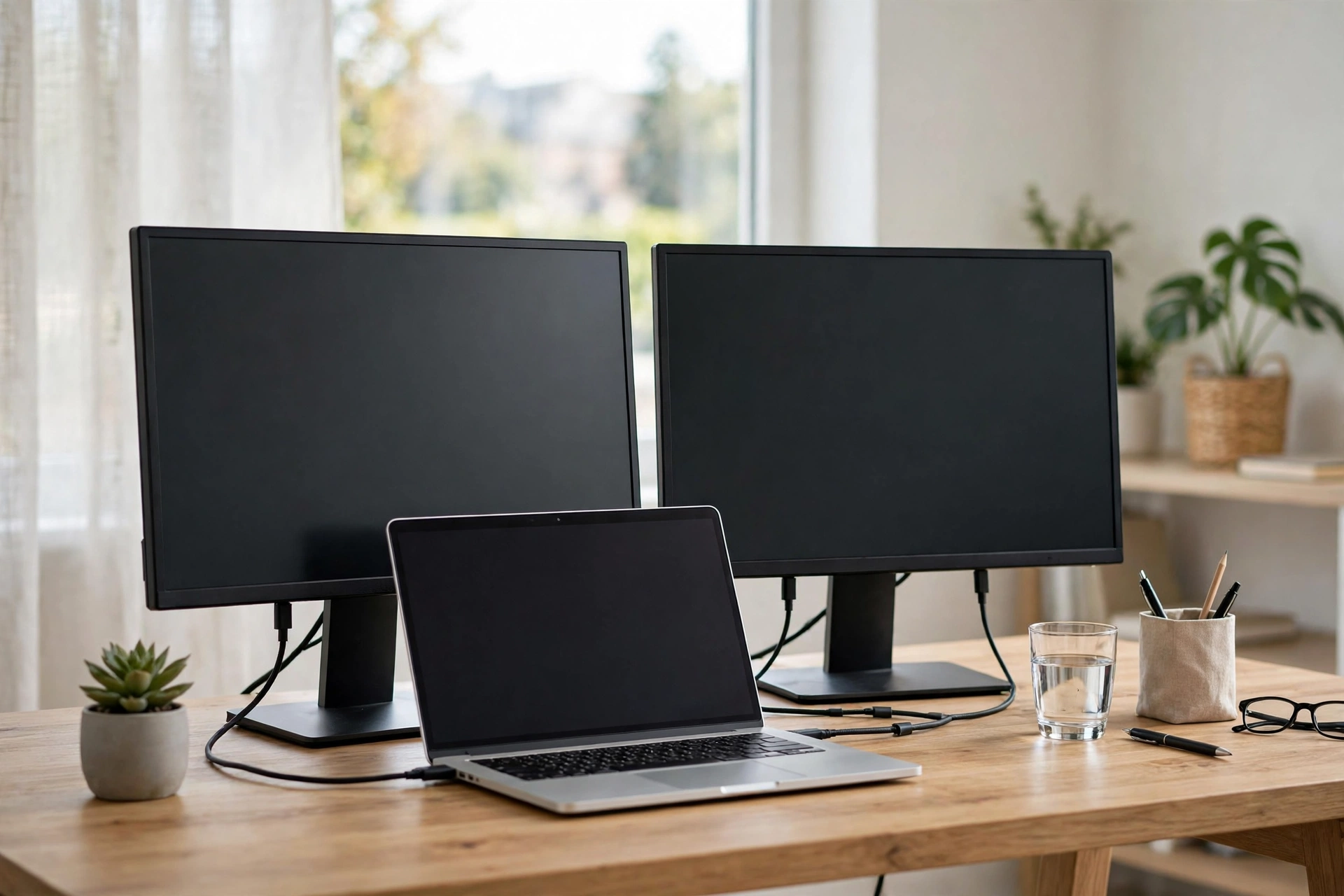 Two office monitors on a desk connected with cables to a laptop