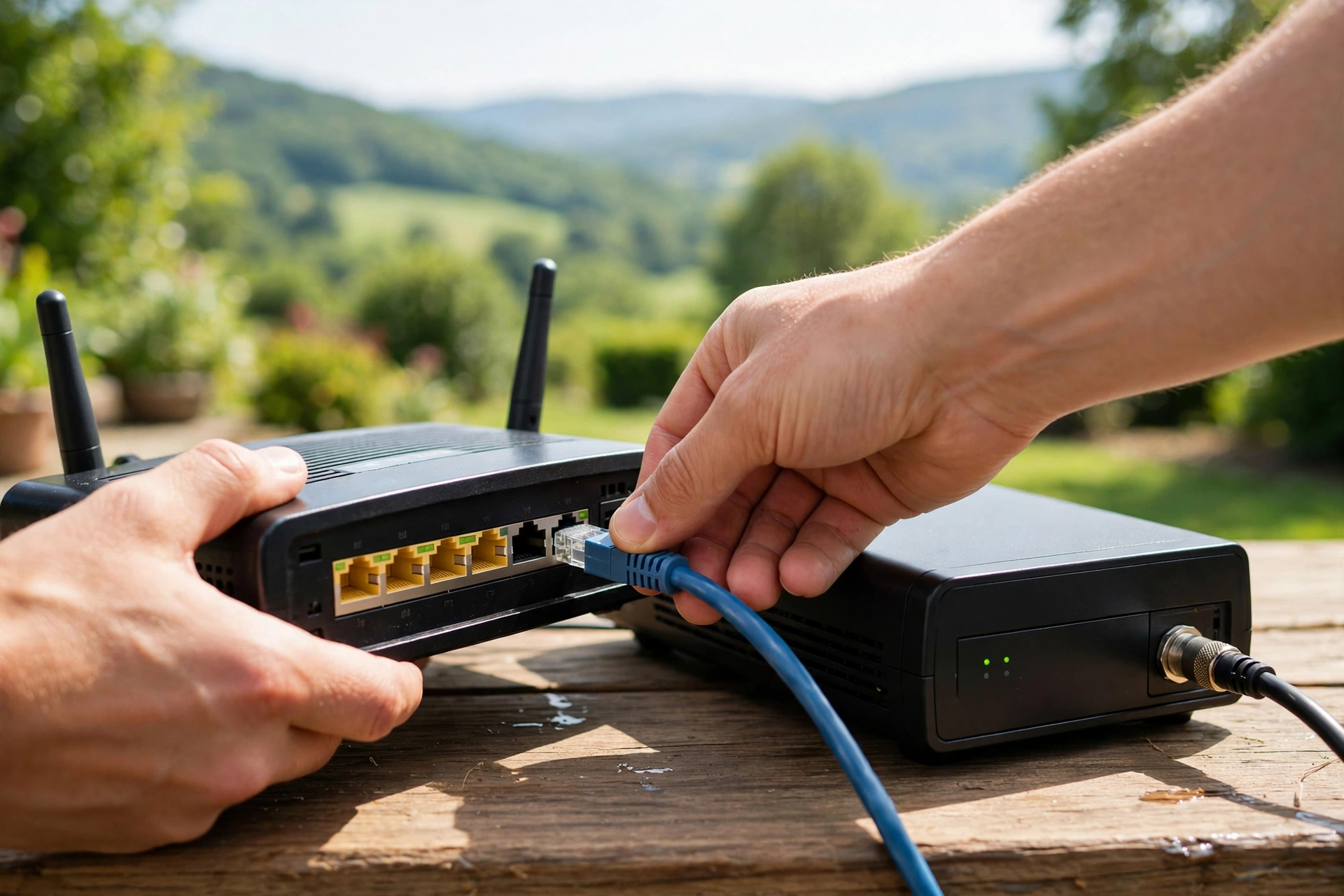 Ethernet cable connecting a modem to a router on a desk