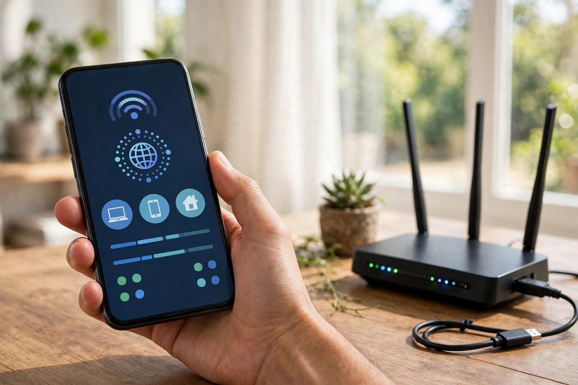 Phone showing a router management app beside a home router