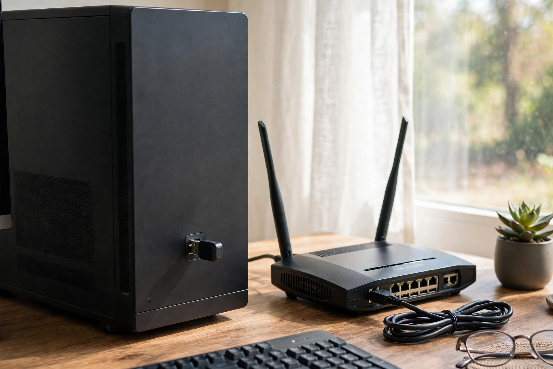 USB WiFi adapter plugged into a desktop computer beside a router