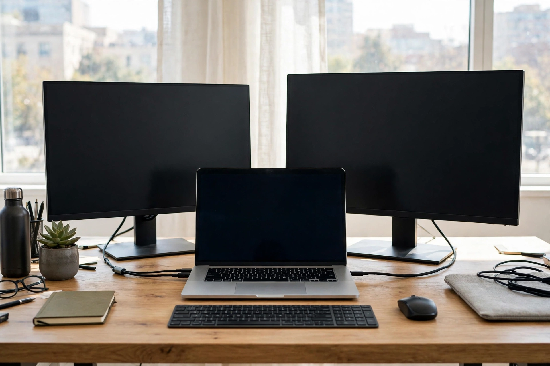 MacBook connected to two external monitors on an office desk
