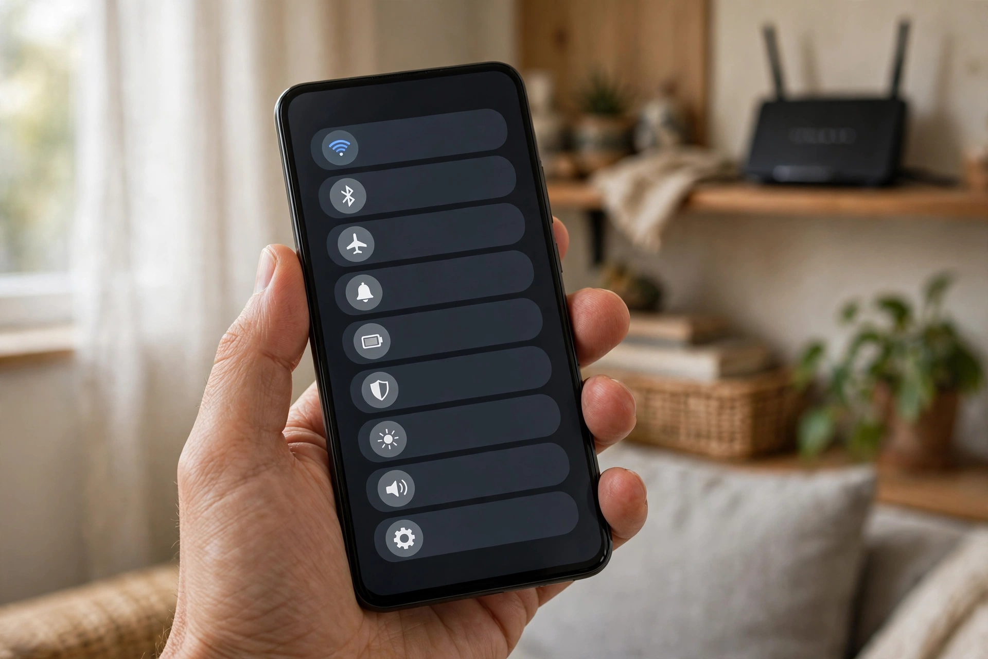 Hand holding a phone showing router settings on a home network