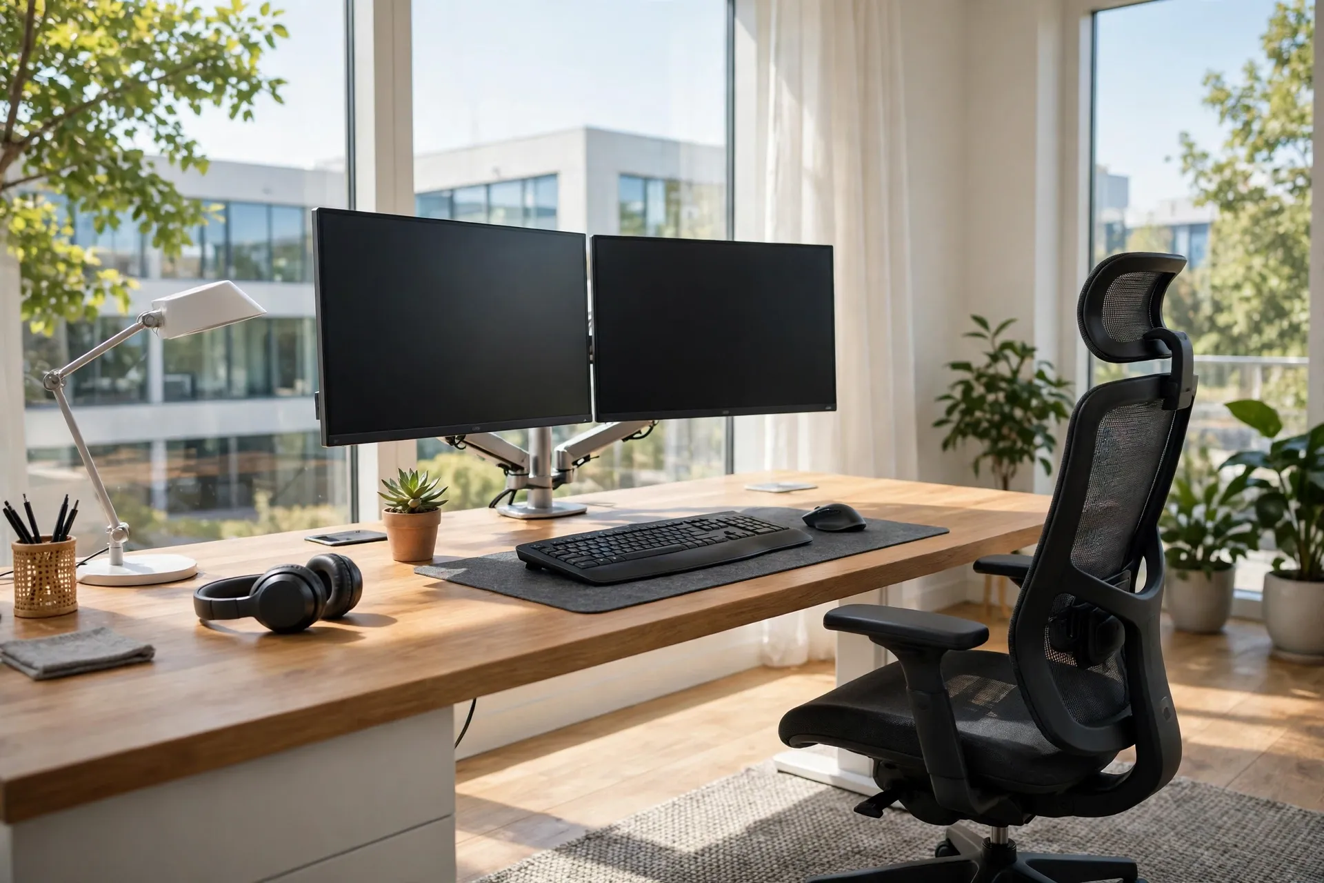 Ergonomic office desk with two monitors at eye level and a keyboard