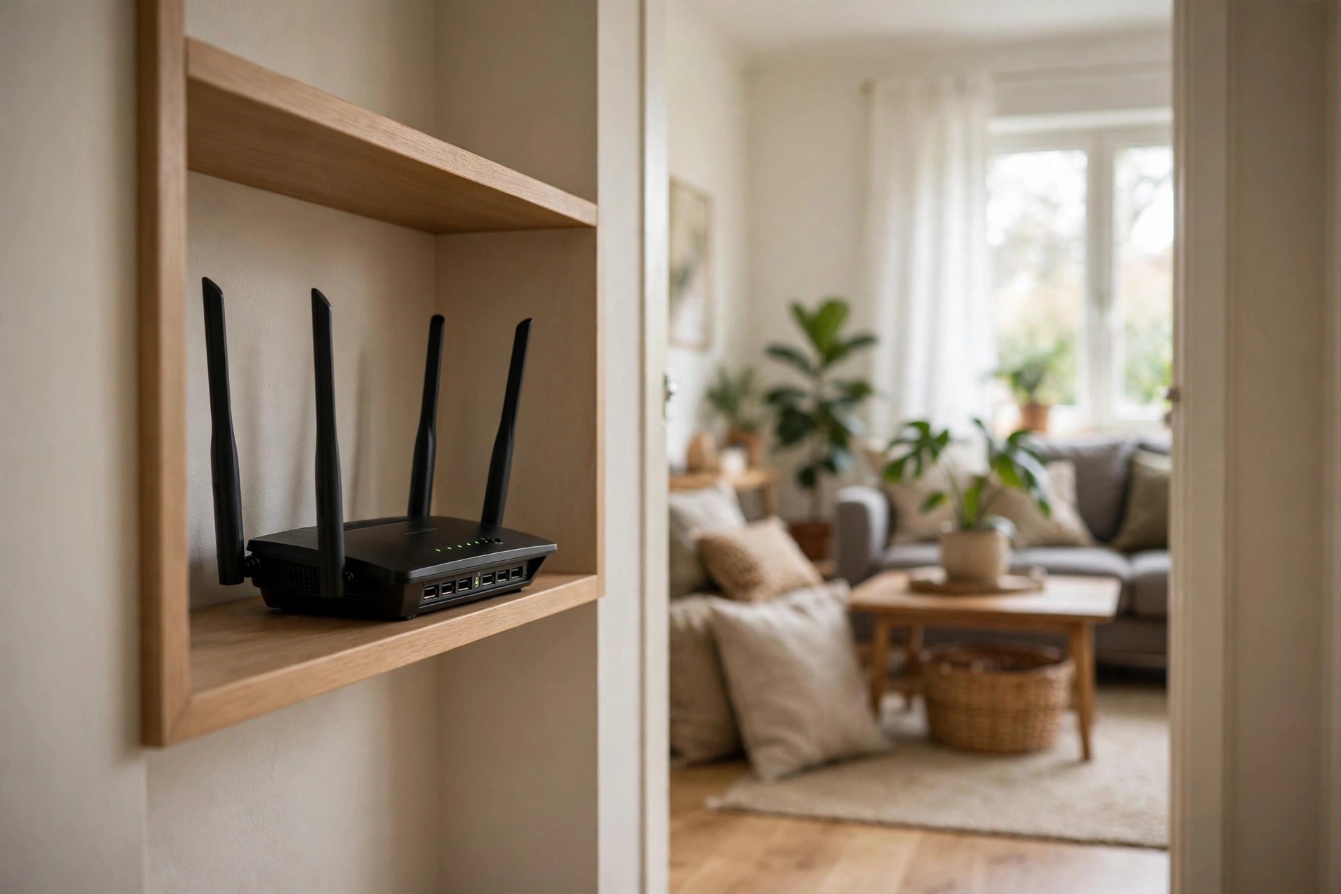 Router placed on an open hallway shelf for better Wi-Fi coverage
