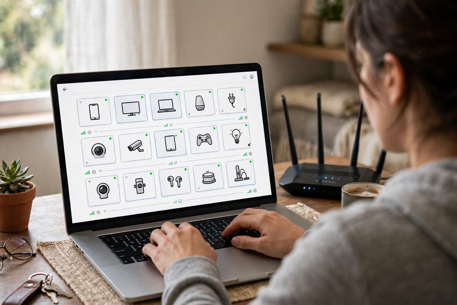Person checking connected devices on a router settings screen on a laptop