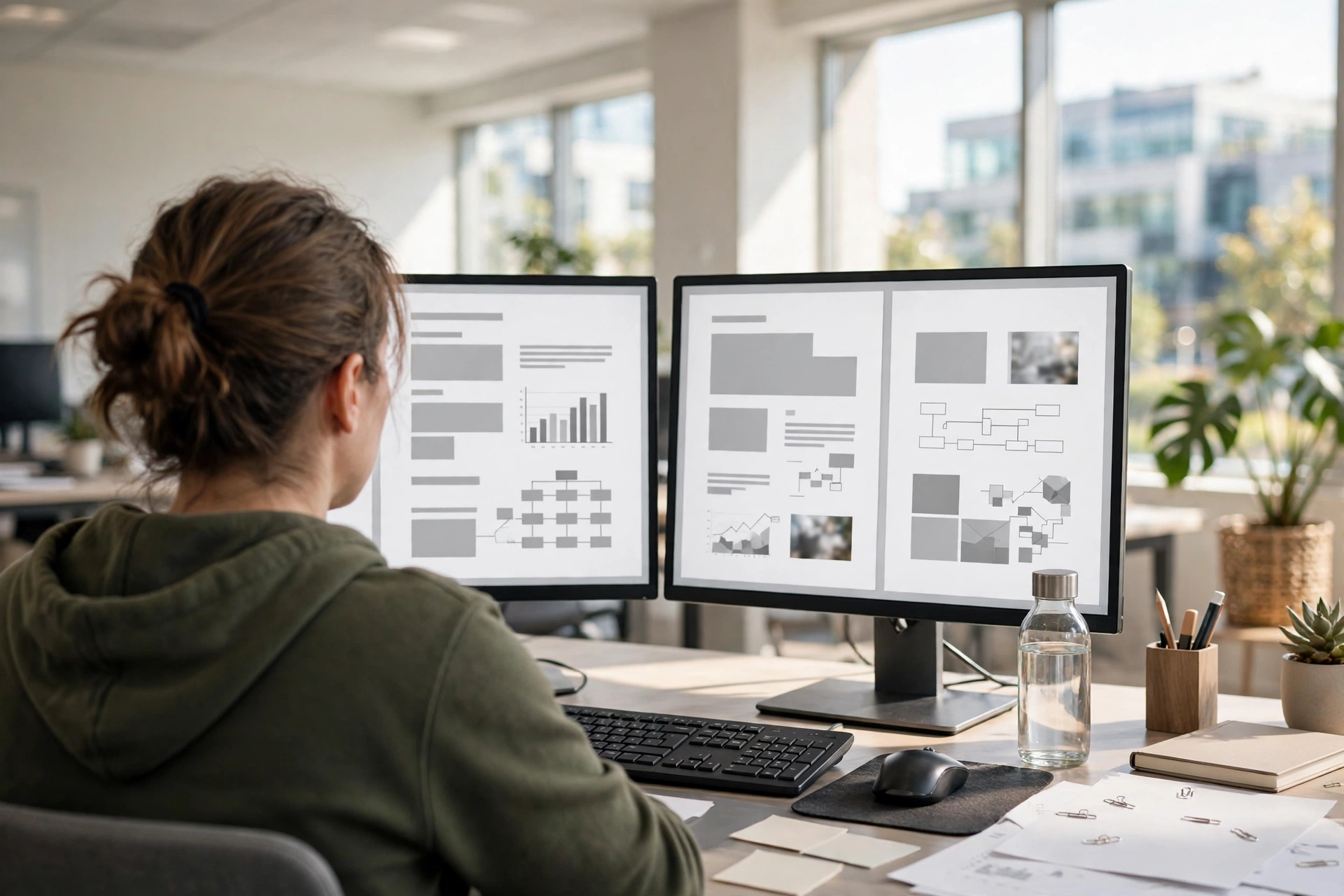 Office worker using two monitors with documents open on each screen