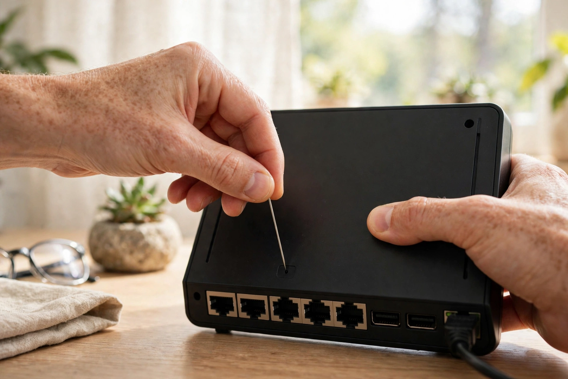 Hands pressing the reset button on the back of a router with a pin