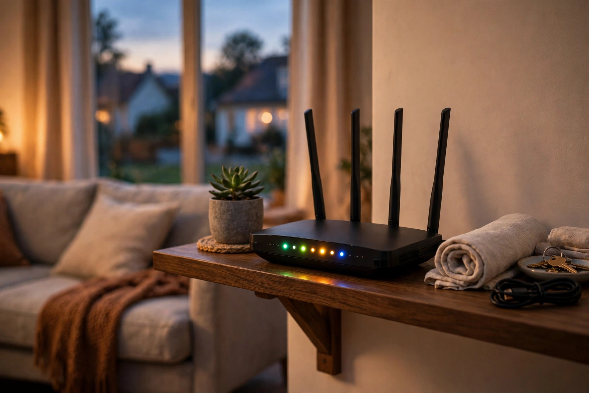 Router with glowing lights on a shelf after a restart