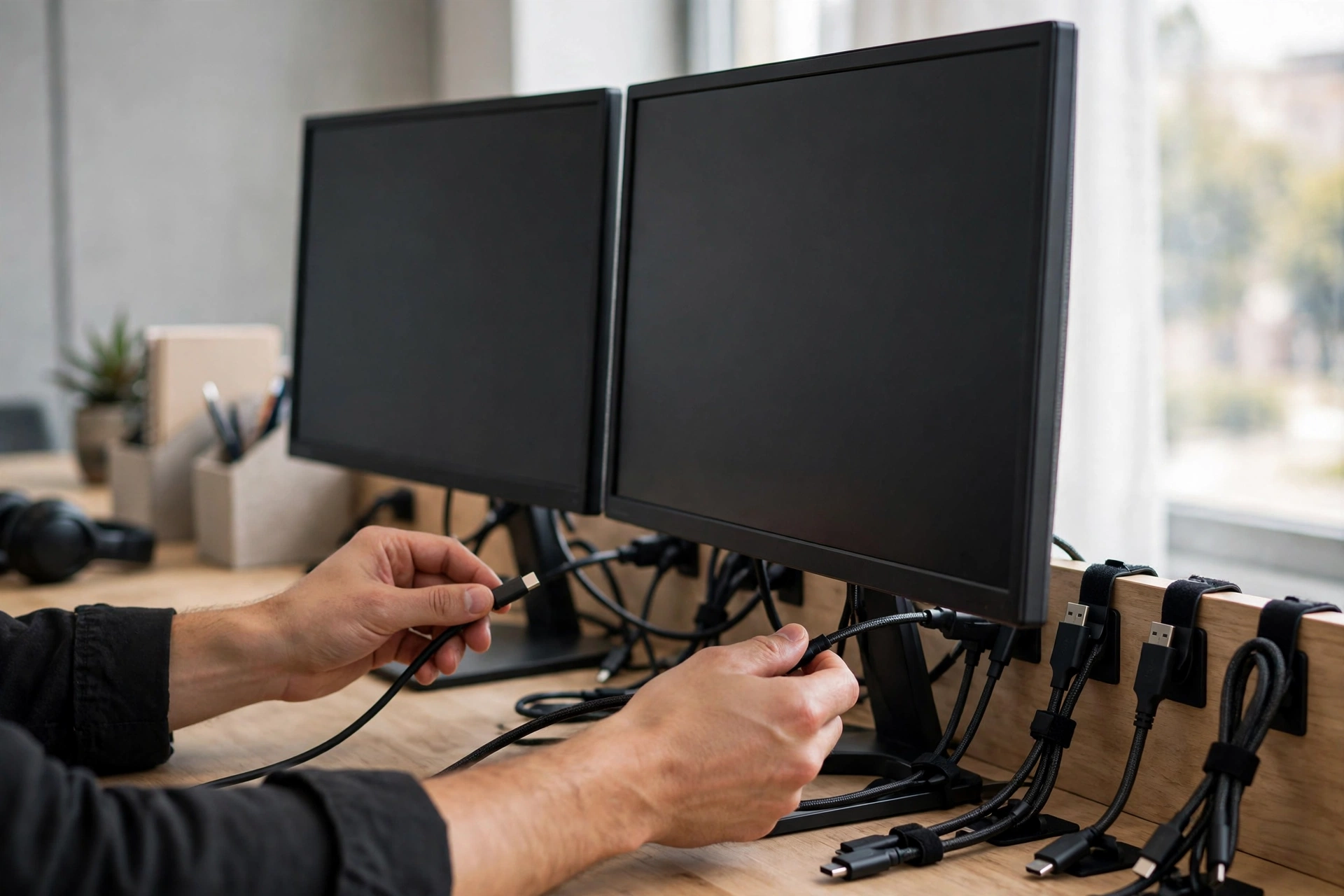 Checking cables behind two monitors on an office desk