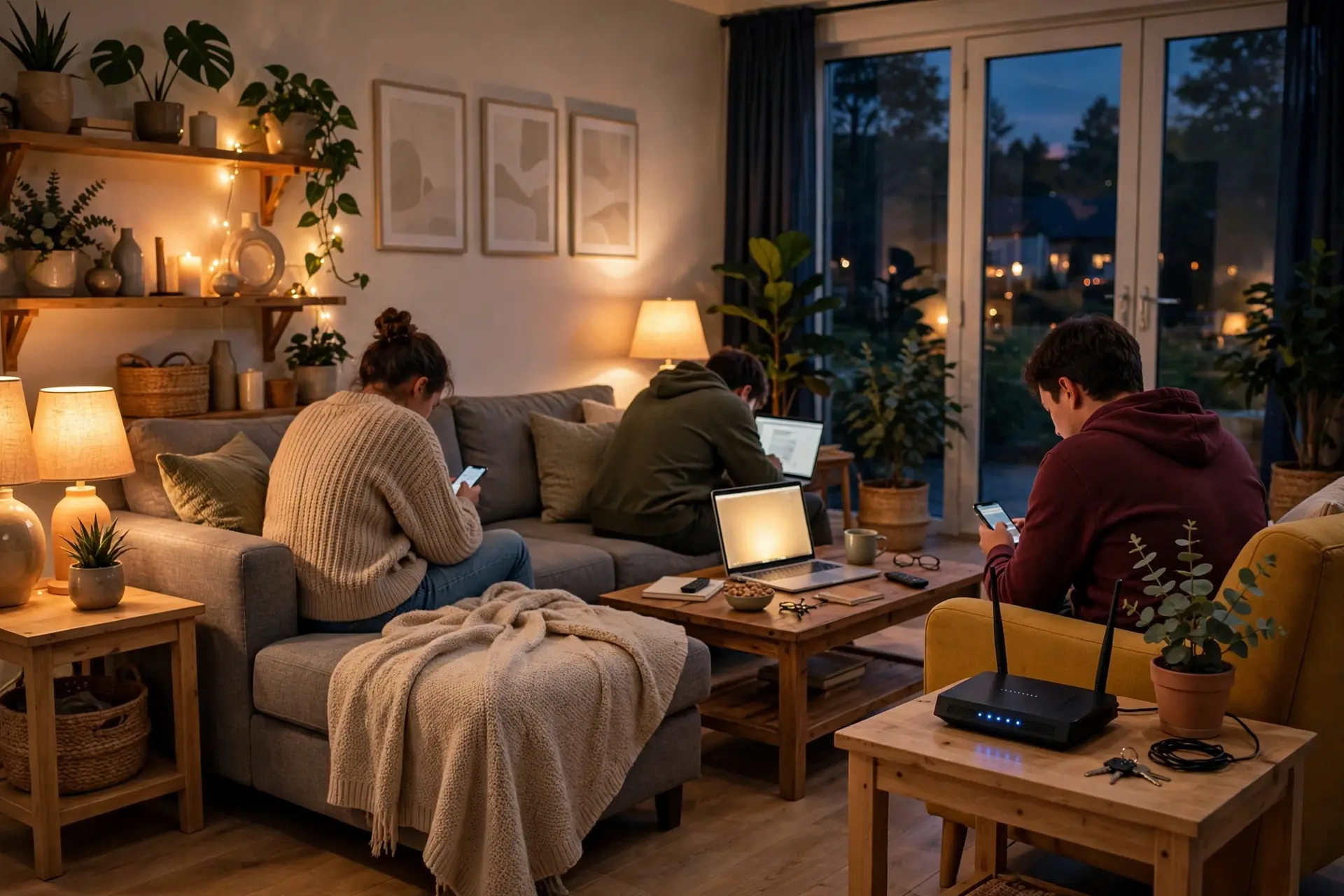 Family using phones and a laptop on a home Wi-Fi network