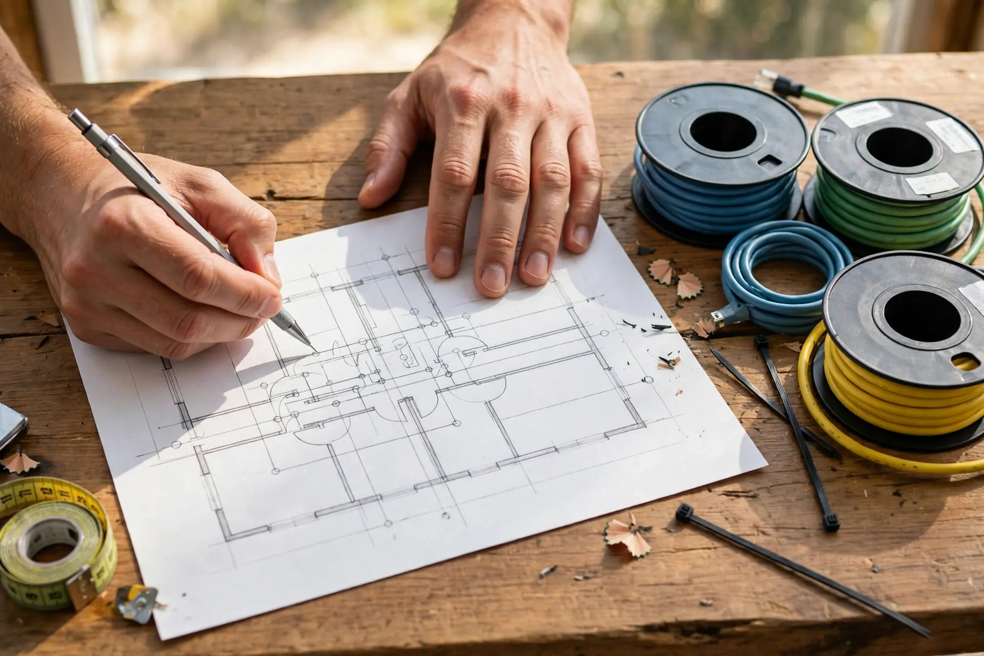 Hands drawing a room by room wiring plan on paper with ethernet cable spools on the table