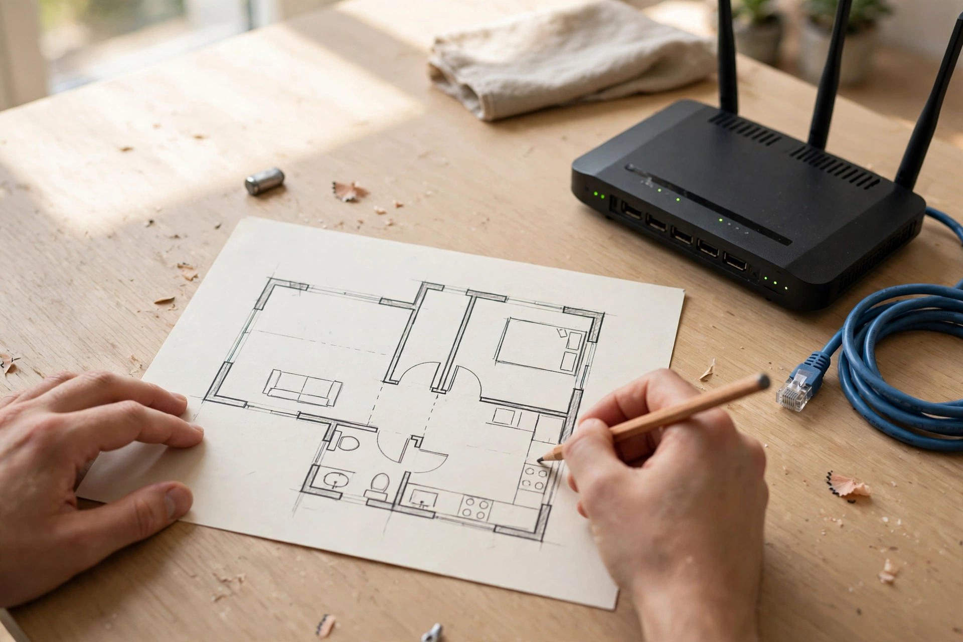 Hand sketching a home network plan on paper with a router and ethernet cable on the table