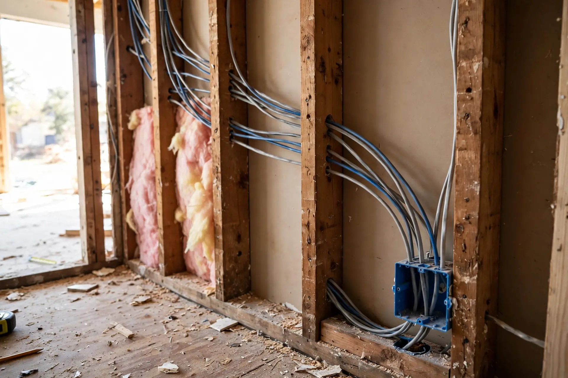 Ethernet cables running through an open wall toward a wall socket box in a home under renovation