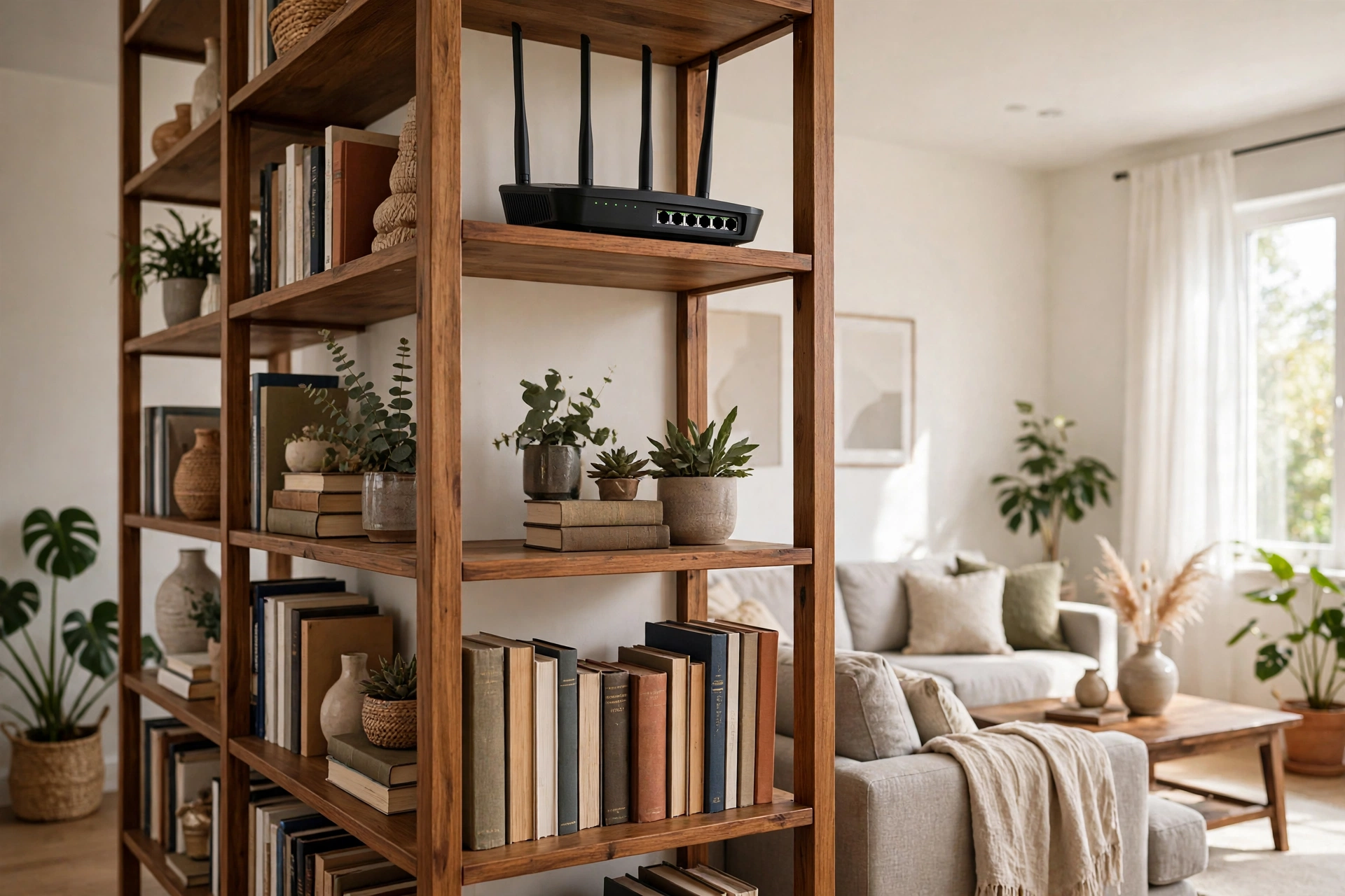 Wireless router placed centrally on a high bookshelf in a bright living room