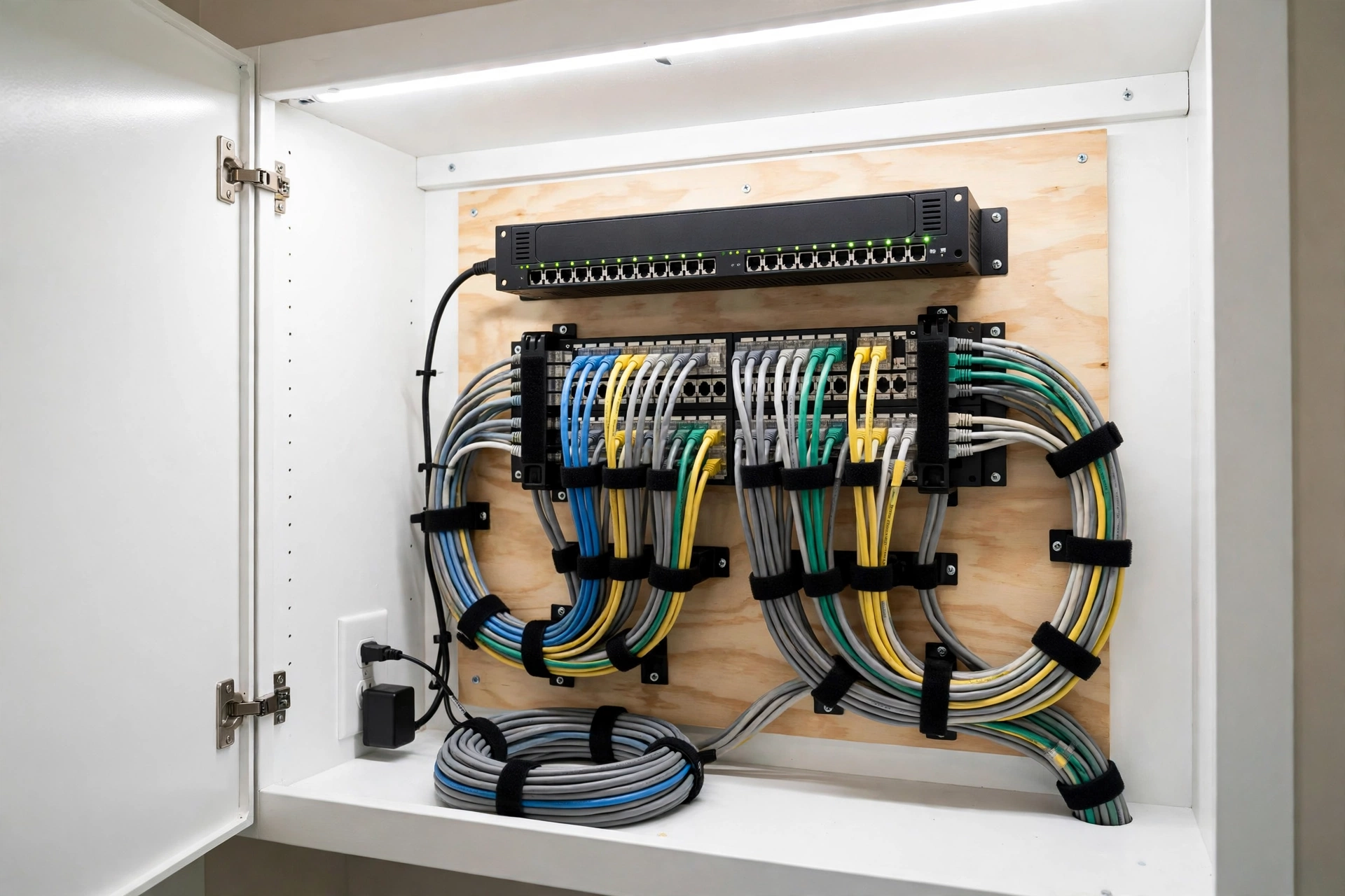 Tidy home network panel in a utility cupboard with a switch and neatly routed ethernet cables