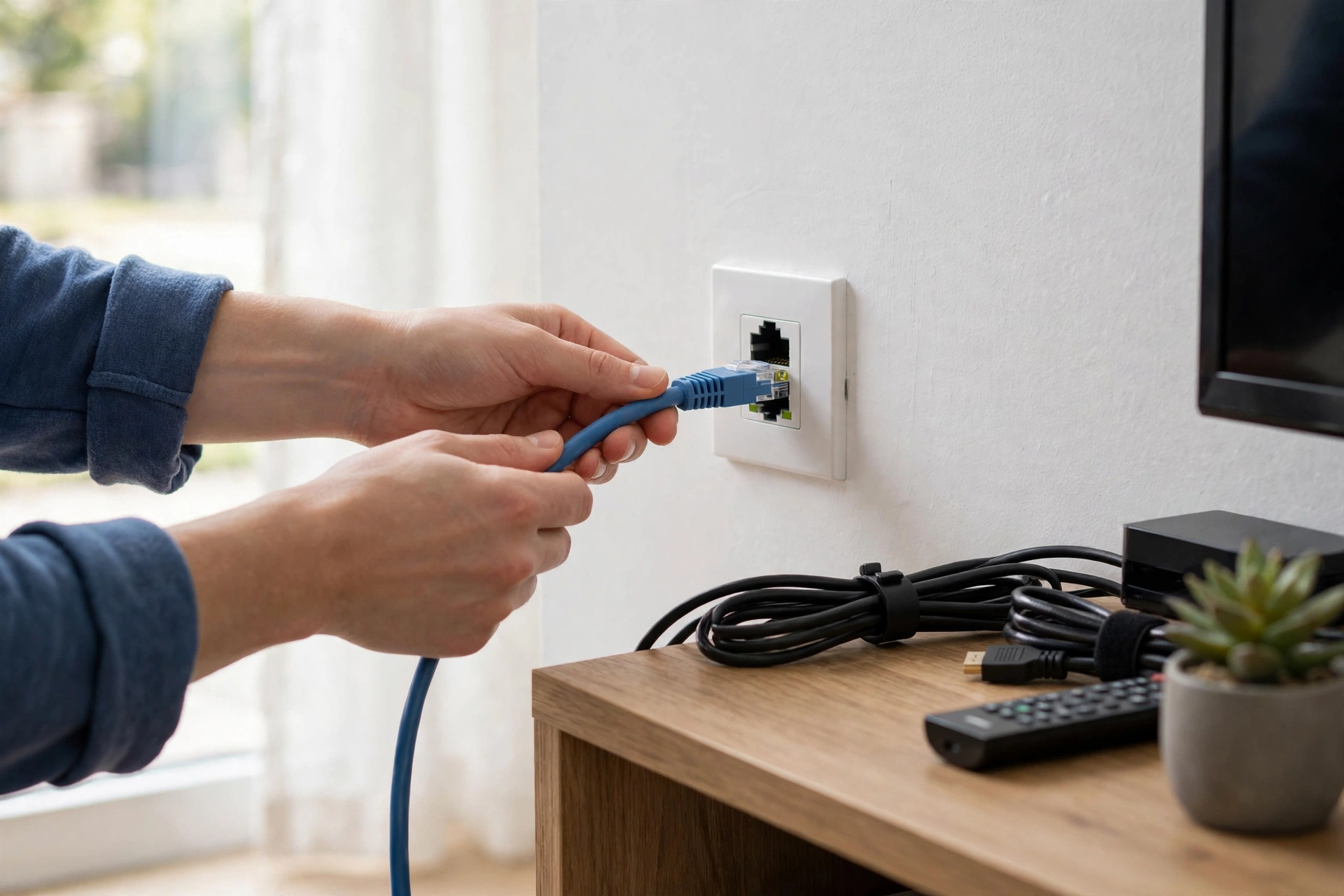 Hand plugging an ethernet cable into a wall network socket next to a TV stand