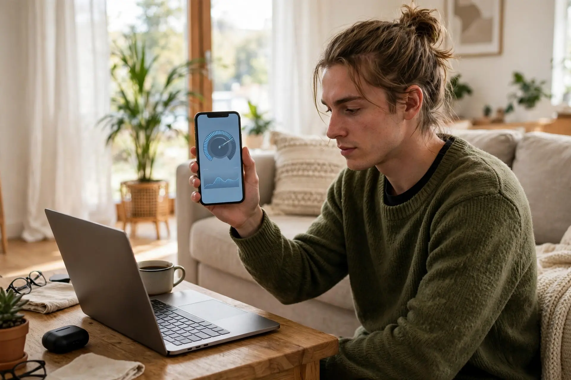 Person holding a phone for a speed test in a living room with a laptop on a coffee table