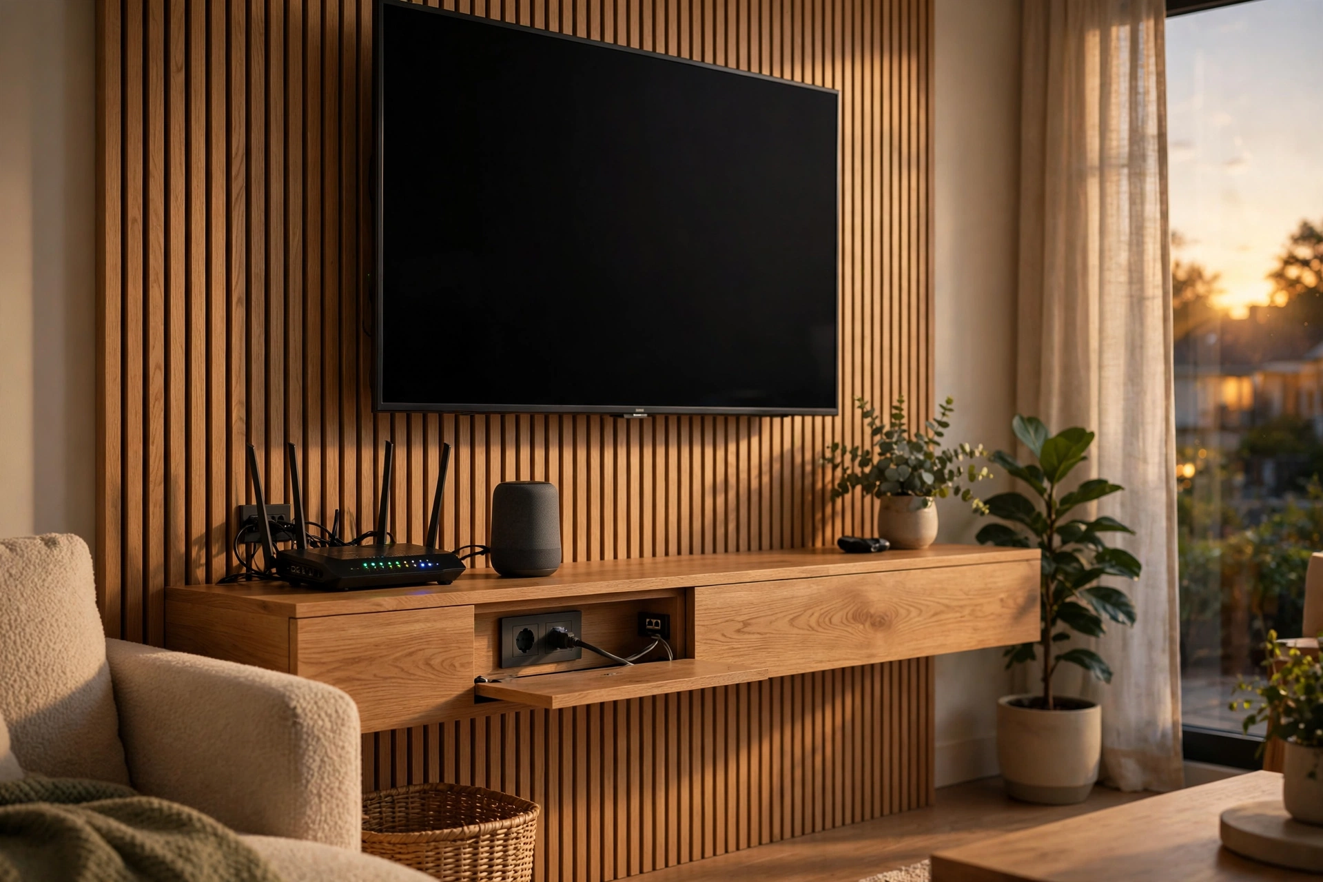 Modern living room TV wall with a hidden network socket and a router on a shelf