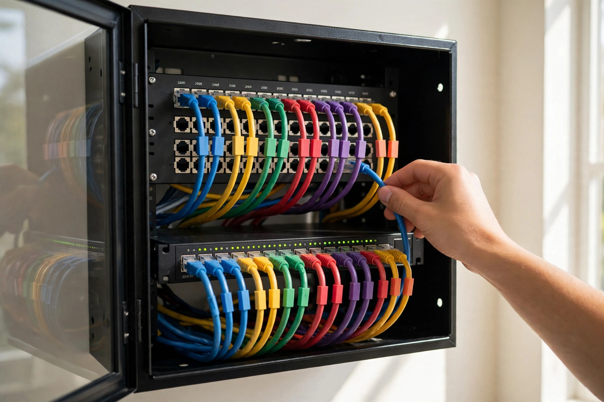 Tidy home network cabinet with a switch and patch panel and a hand checking a cable