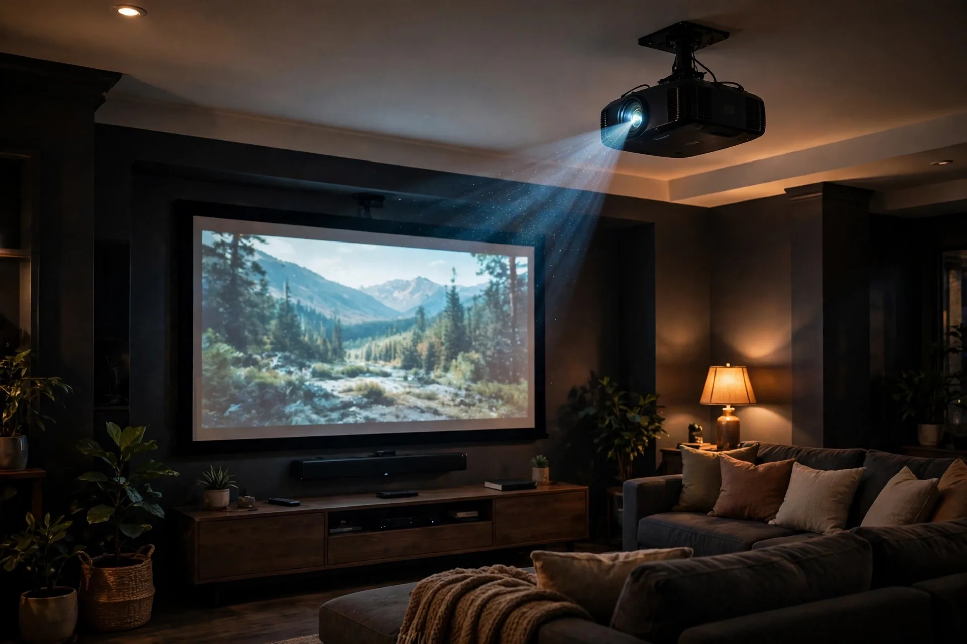 AV receiver and surround speakers arranged around a home theater setup