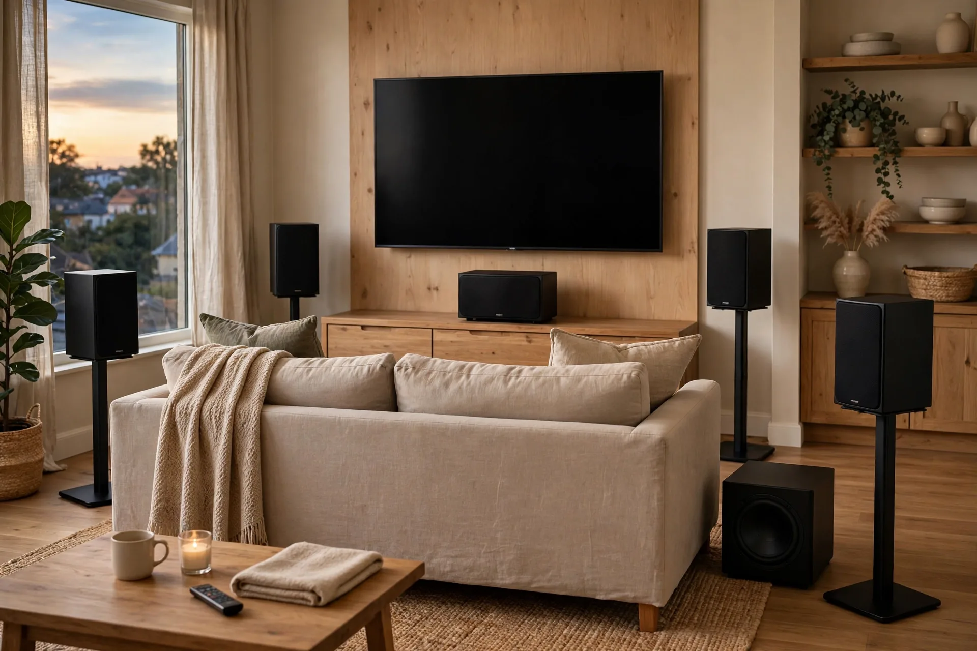 Home theater cables routed neatly behind a media console