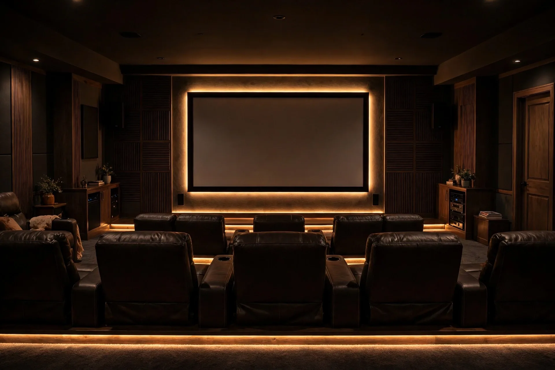 Warm LED strip lighting behind a screen in a dark home theater