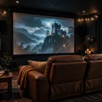 Dark diy home theater room with a projector screen and leather recliner seats